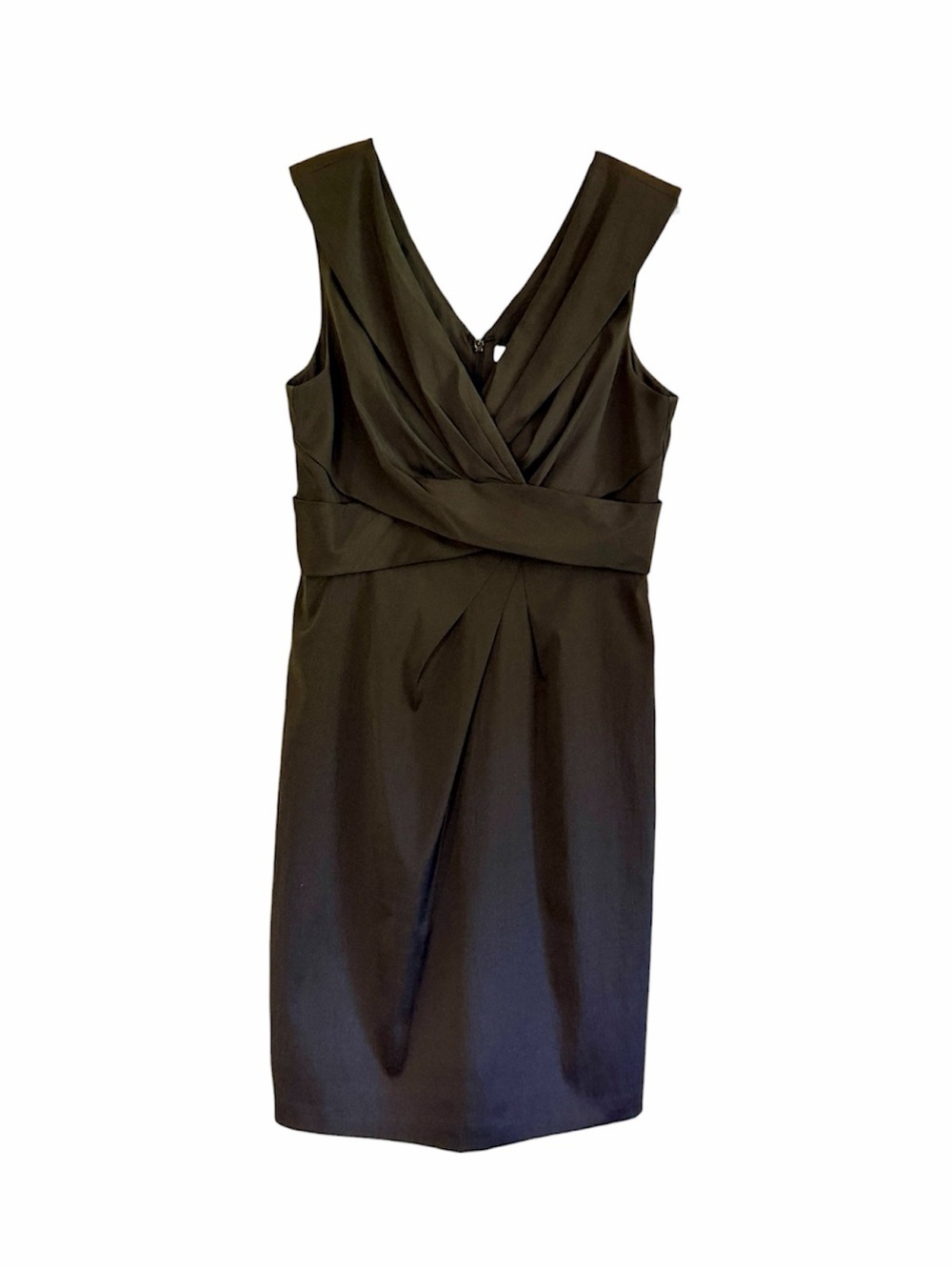 WHITE HOUSE BLACK MARKET, BLACK SATIN DRESS WITH A V-NECKLINE. SIZE 8